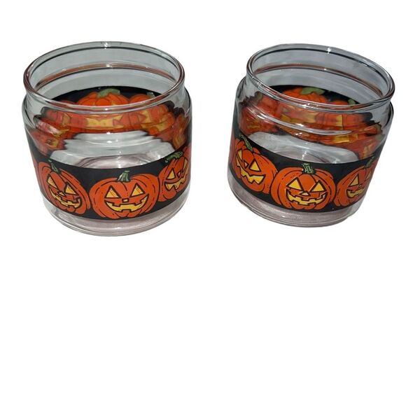Vintage 2 Candle-Lite Halloween Votive Holders Jack-O-Lantern Pumpkins Glass - Picture 2 of 7